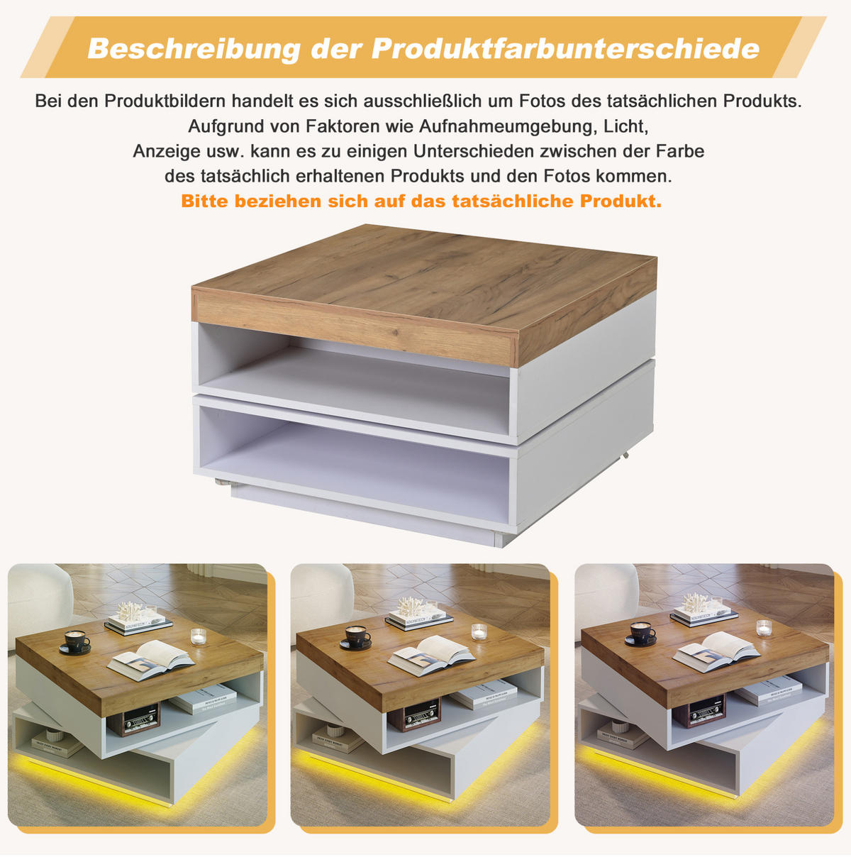 KONFERENČNÍ stolek 65/65/40 cm bílá a dubový dekor z MDF s LED a otočnou deskou - bílá, kompozitní dřevo (65/65/40cm) - OKWISH