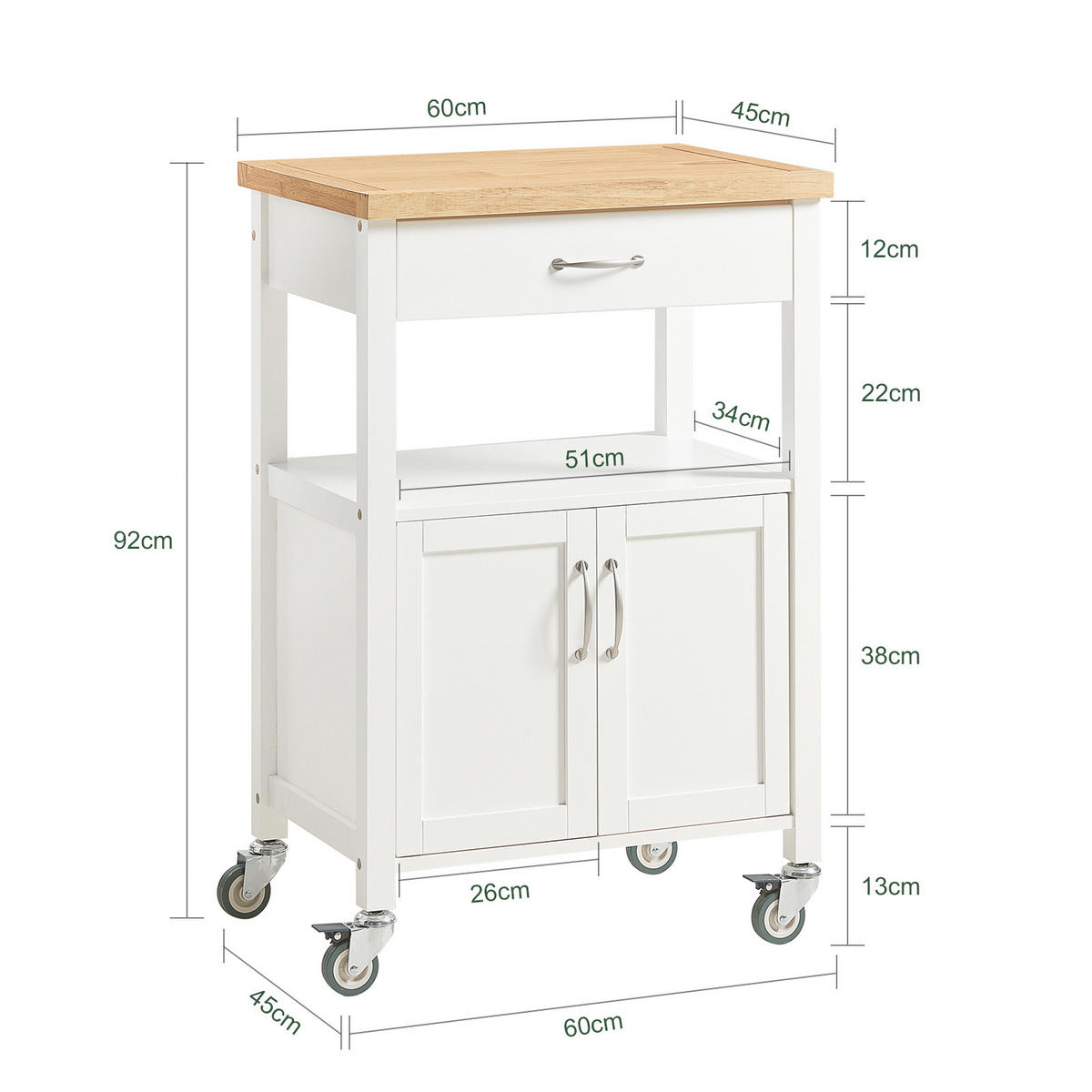 KÜCHENWAGEN Weiß - Weiß, Holzwerkstoff (60/90/45cm) - SoBuy