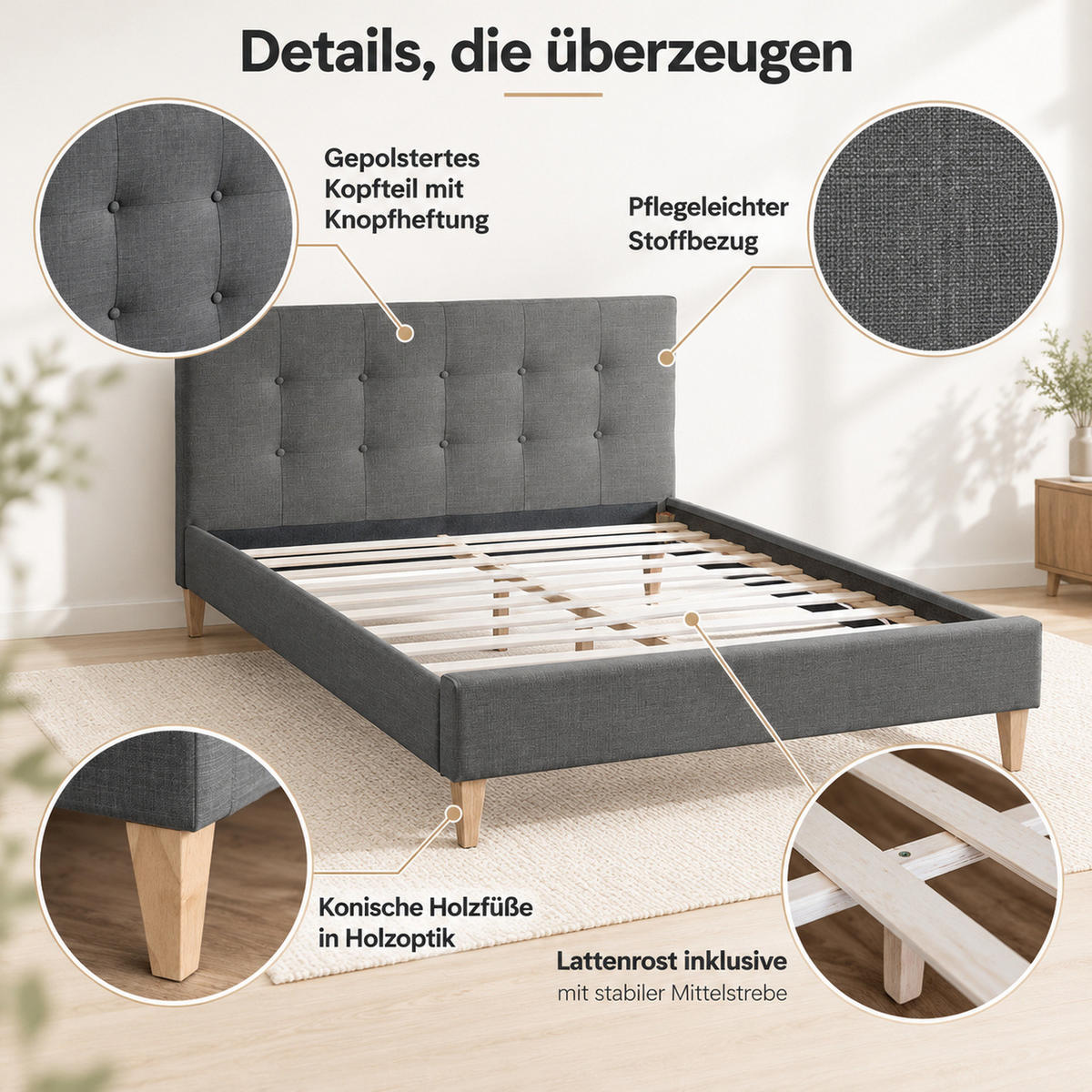 POLSTERBETT mit Lattenrost 180/200 cm in Grau - Grau, Textil (180/200cm) - Homestyle4u