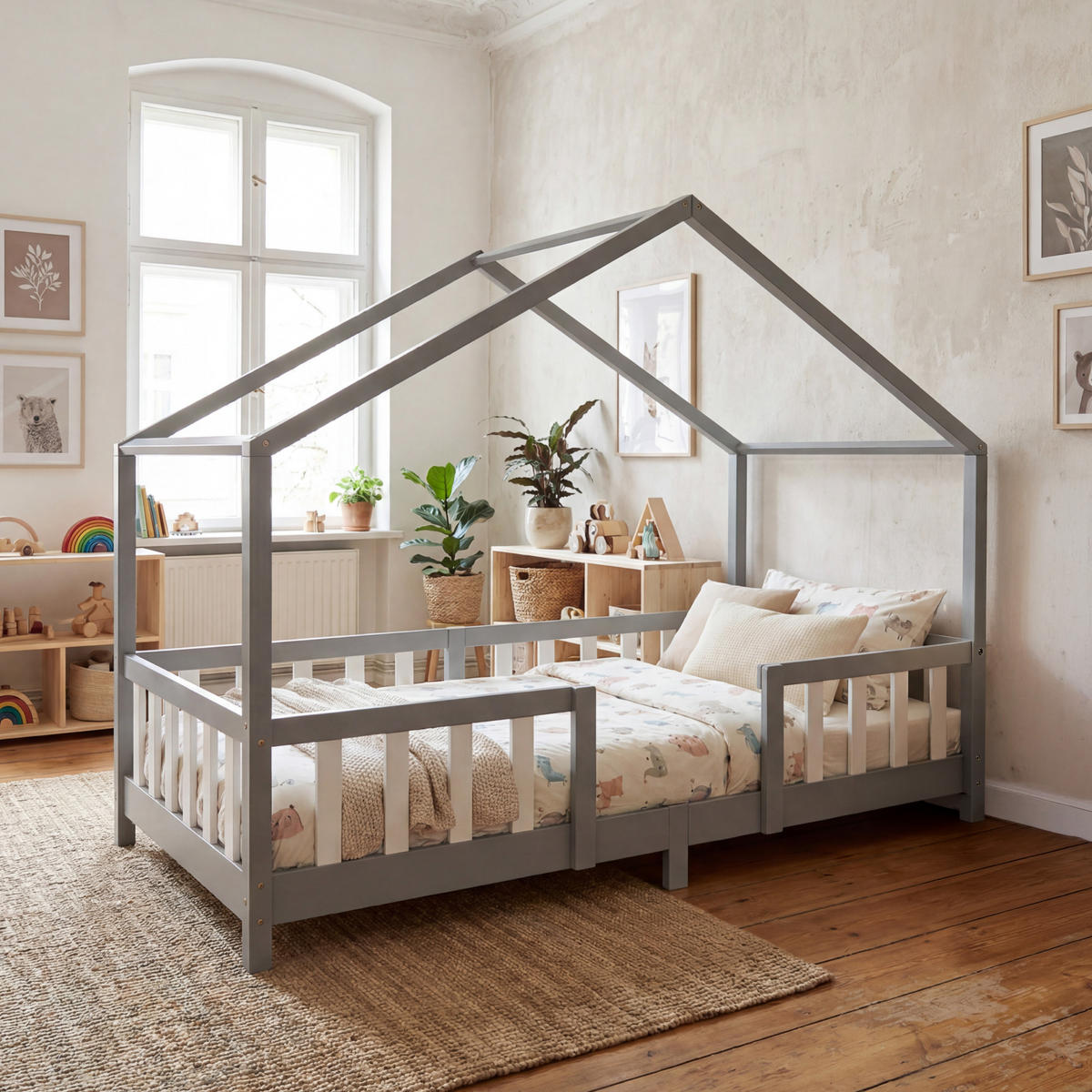 HAUSBETT Treviolo - Hellgrau/Weiß, Holz (90/200cm) - [en.casa]