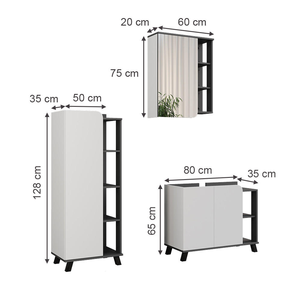 BADMÖBEL-SET Karen Anthrazit/Weiß 3 Teile - Anthrazit/Weiß, Holzwerkstoff (80/65/35cm) - Vicco