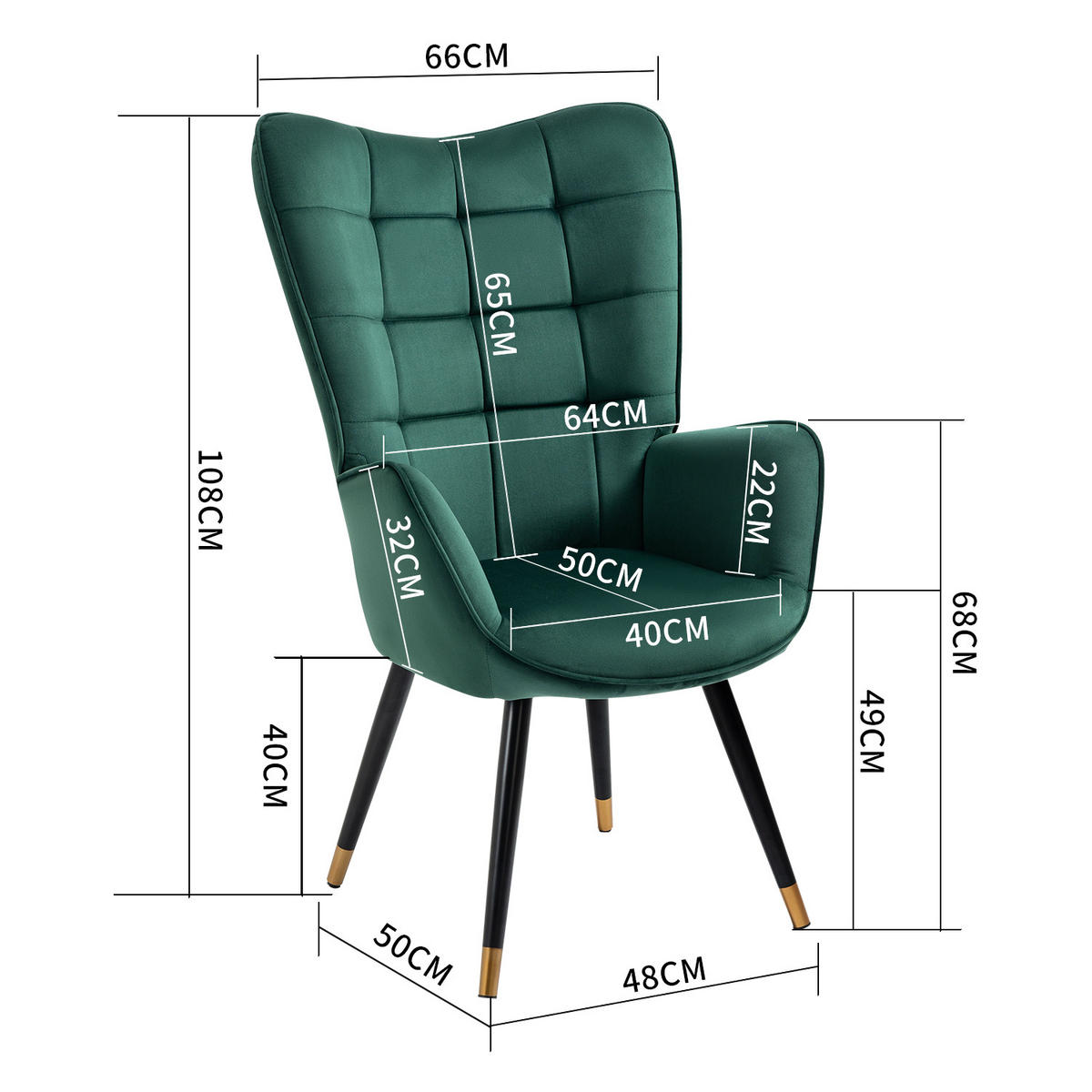 OHRENSESSEL aus Samt in Grün mit goldenen Beinen - Dunkelgrün, Textil/Metall (66/108/50cm) - Meubles Cosy