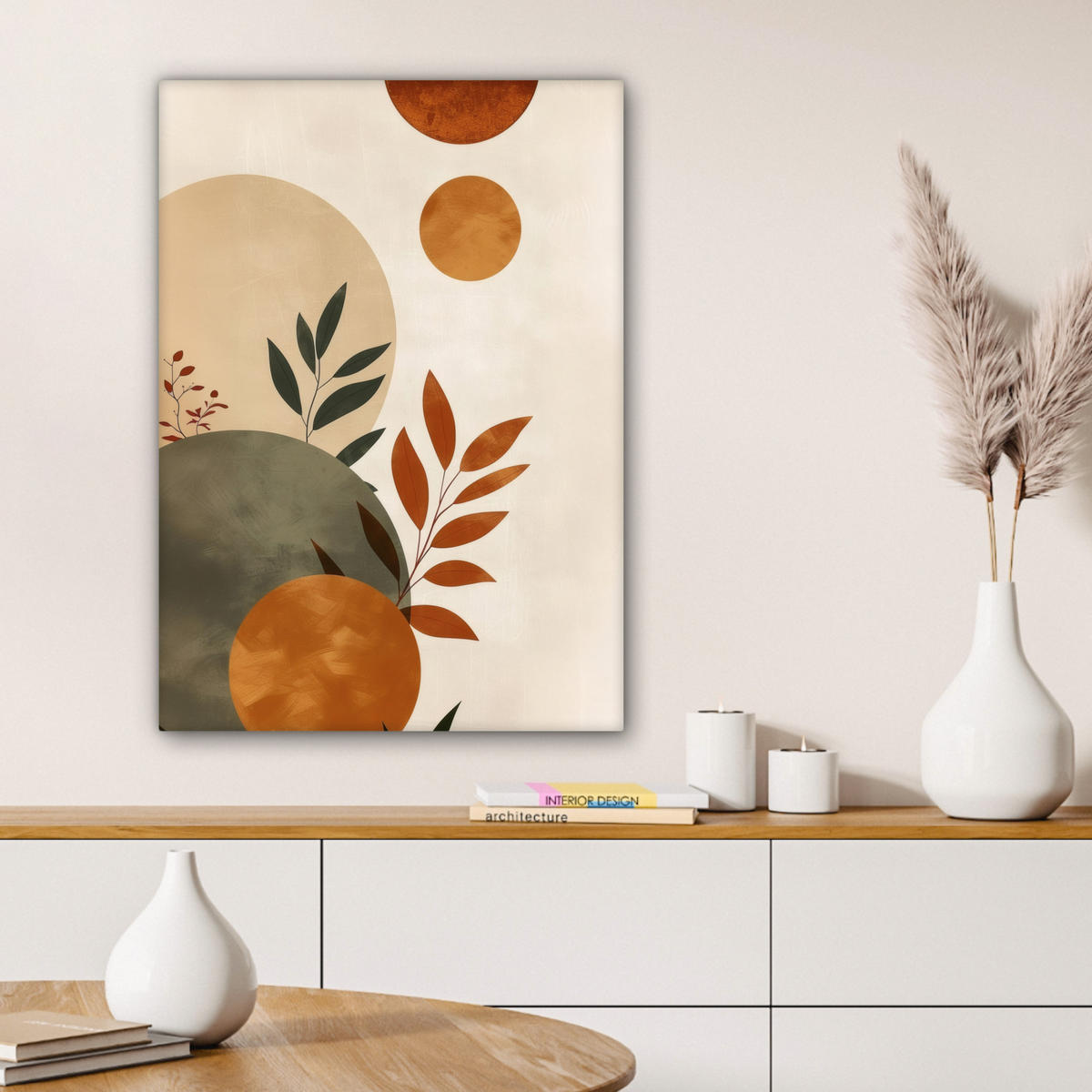 LEINWANDBILD Formen - Rund - Blätter - Beige Wandbild Wohnzimmer 60x80 cm - Rostfarben, Textil (60/80cm) - MuchoWow