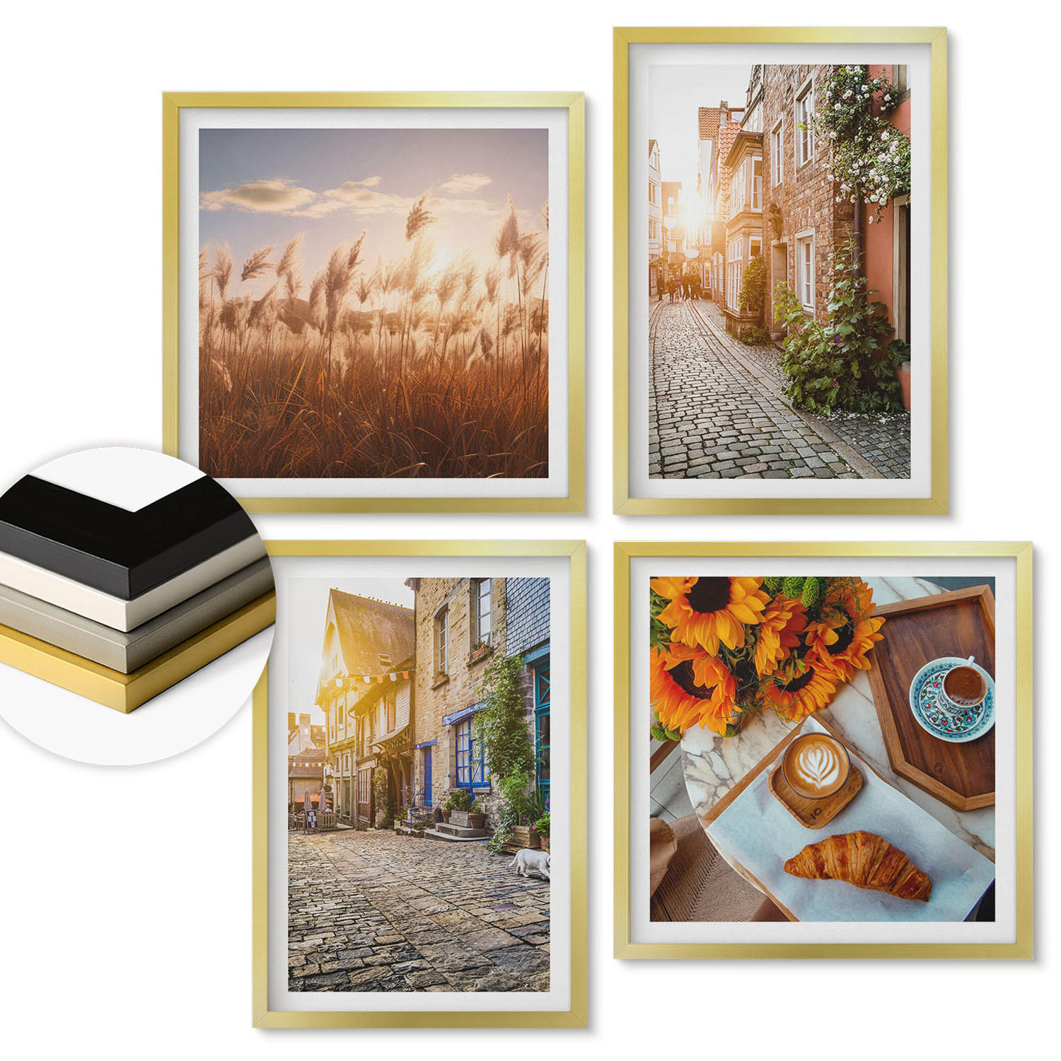 WANDBILDER 4er Set - 50x50 cm & 40x60 cm Goldrahmen - Charmante Straßen mit Kaffee - Goldfarben, Kunststoff (50/50cm) - ArtPrintCave