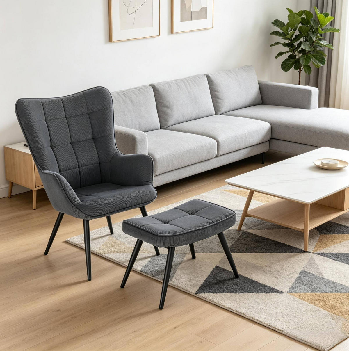 SESSEL mit Hocker 50/49/97 cm in Dunkelgrau aus Cord mit Metallgestell - Dunkelgrau, Textil (68/97/49cm) - BEAOK