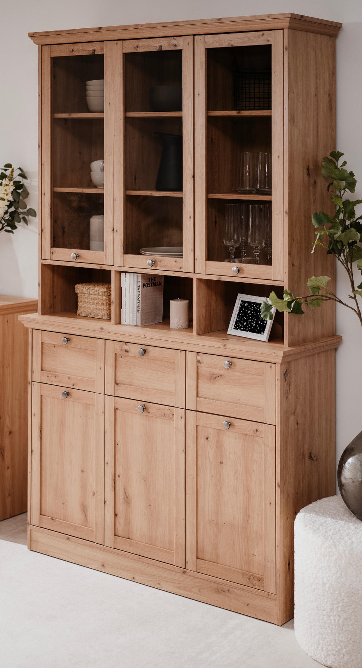 BUFFETSCHRANK Eiche Artisan 120 cm, Vitrine Landhaus - Eichefarben/Silberfarben, Glas/Holzwerkstoff (120/200/40cm) - Furn.Design