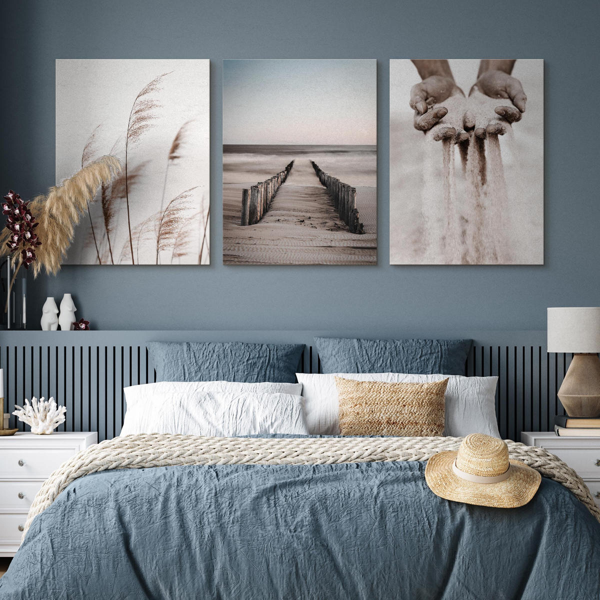LEINWANDBILDER 3-er Set Strand Natur 3D - Blau/Beige, Textil (90/40cm) - Muralo