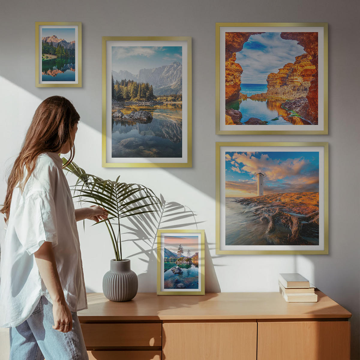 WANDBILDER 5er Set - 50x50 cm & 20x30 cm & 40x60 cm Goldrahmen - Aussicht Paris New York Treppen - Goldfarben, Kunststoff (40/60cm) - ArtPrintCave