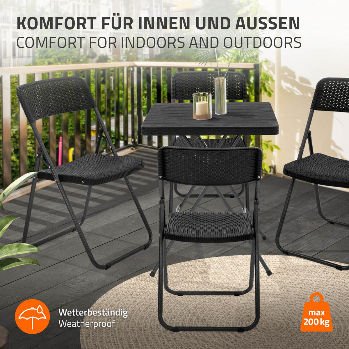 KLAPPSTUHL 4er Set Rattan-Optik Schwarz Kunststoff Metall - Dunkelgrau, Metall (51/82/46cm) - ECD-Germany