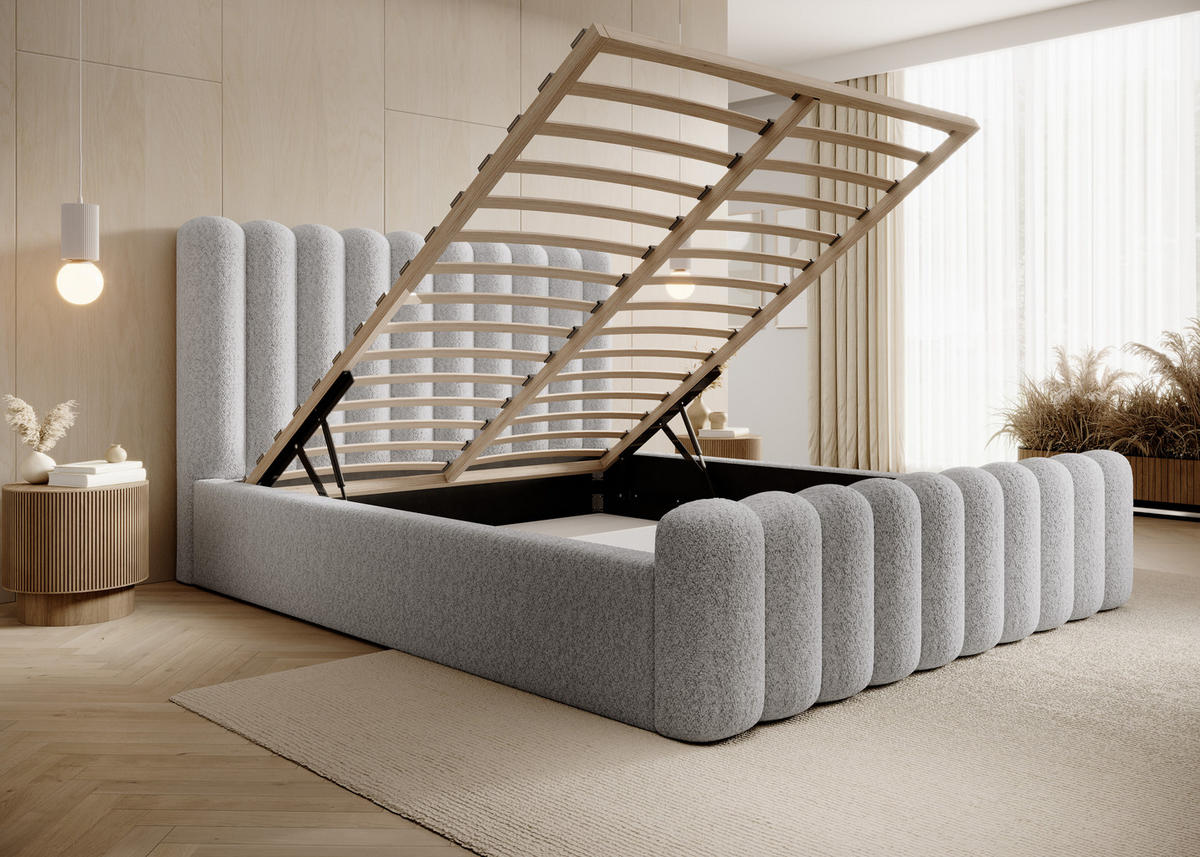 POLSTERBETT Komfortables Polsterbett Mona V 160x200 cm – Bett mit Stauraum & Halbwalzen-Design, Esche - Eschefarben/Schwarz, Holzwerkstoff/Kunststoff (160/200cm) - DomoHome