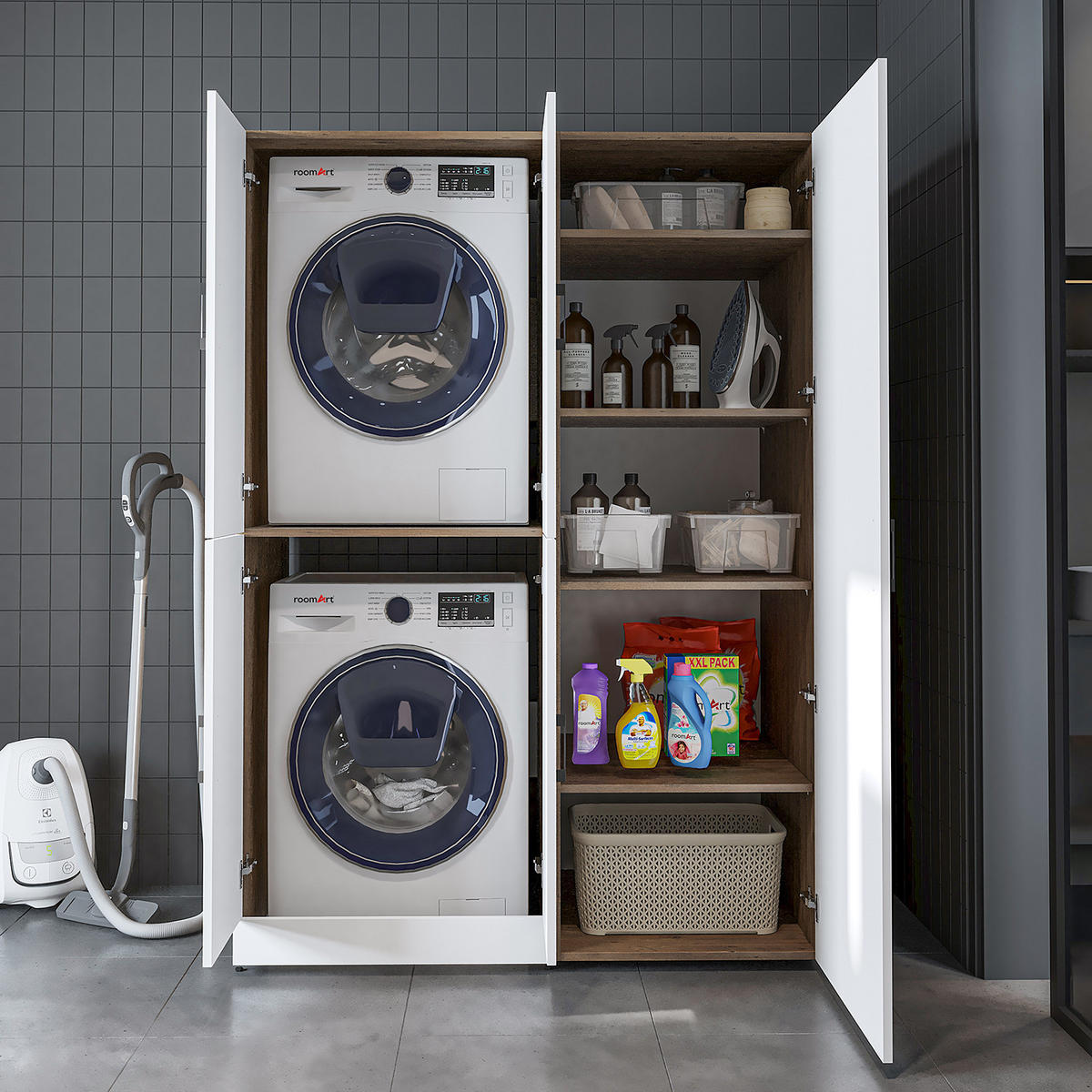 WASCHMASCHINENSCHRANK DORA-II 130cm Breit, 186cm Hoch - Eiche Bianco, Holzwerkstoff (130/186/73.8cm)