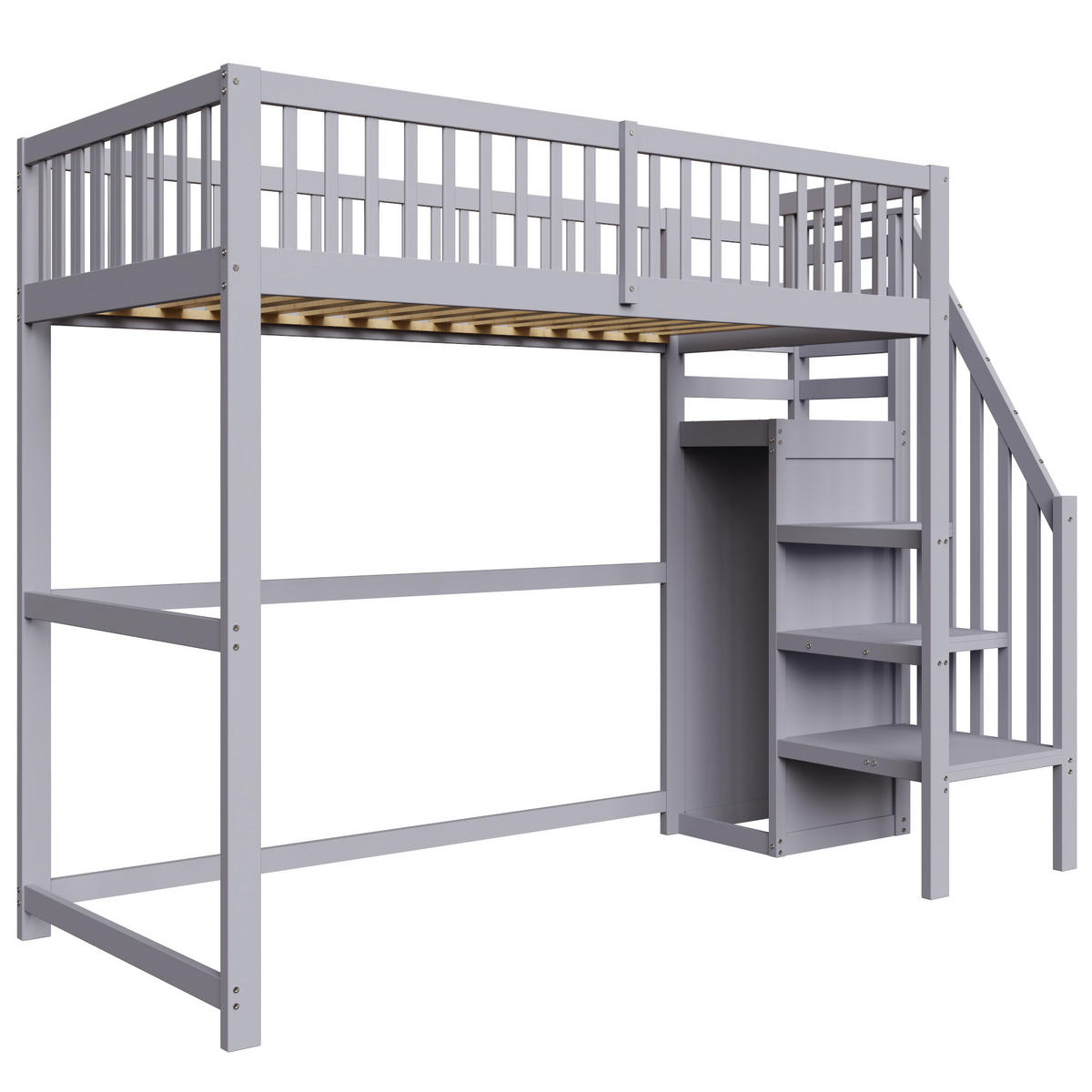 KINDERBETT aus Holz 90x200 cm in Grau mit Treppe & Kleiderschrank - Grau, Holz (90/200cm) - Modfu