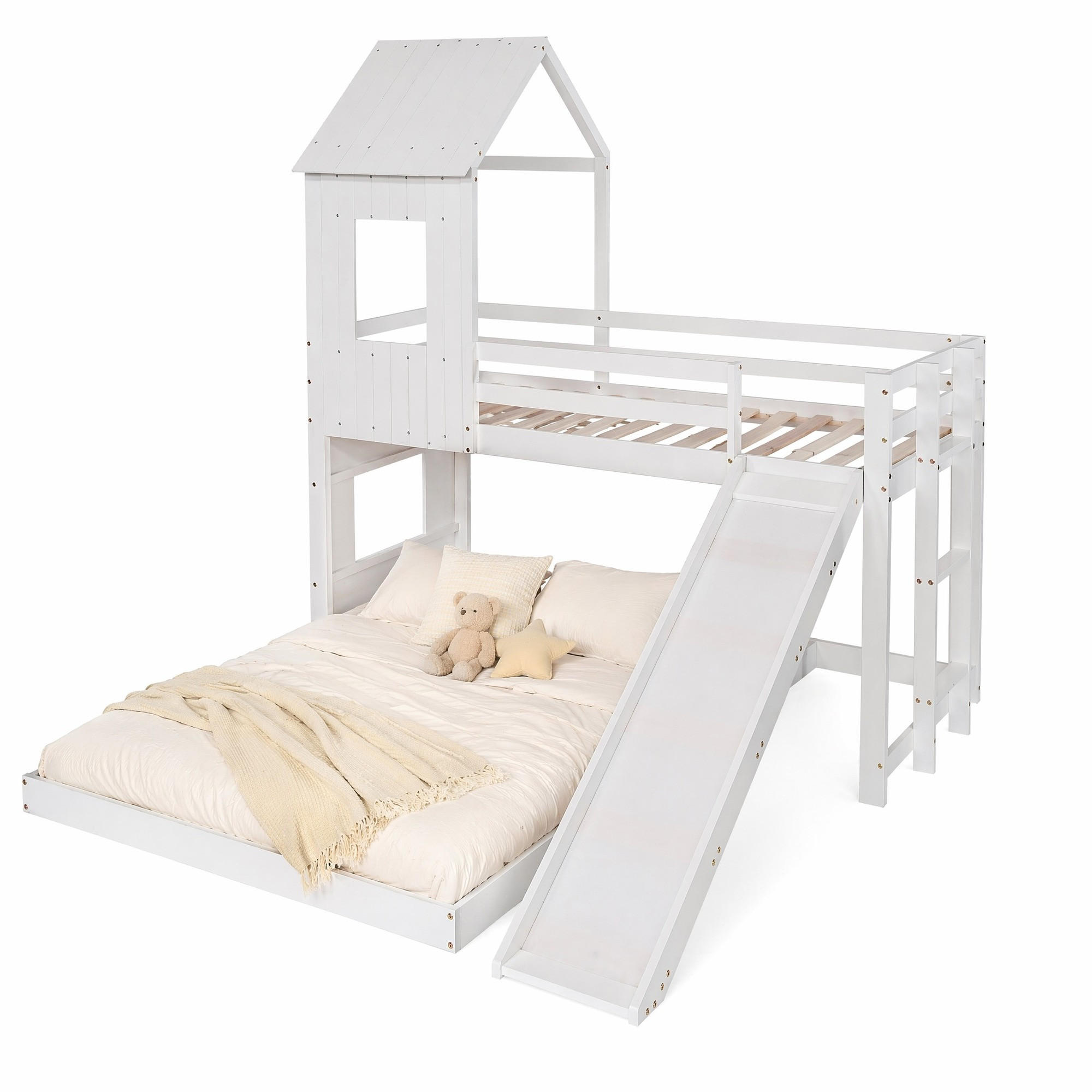 ETAGENBETT 90/200+140/200 mit Rutsche, Fenster und Leiter in Weiß - Weiß, Holzwerkstoff (140/200cm) - EVRYAE