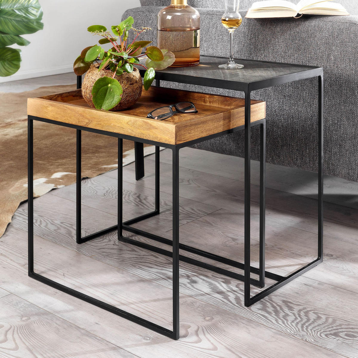 BEISTELLTISCH Set – Mango Massivholz Eisen Anthrazit Braun Industrial - Schwarz/Braun, Holz/Metall (30/60/50cm) - KADIMA DESIGN