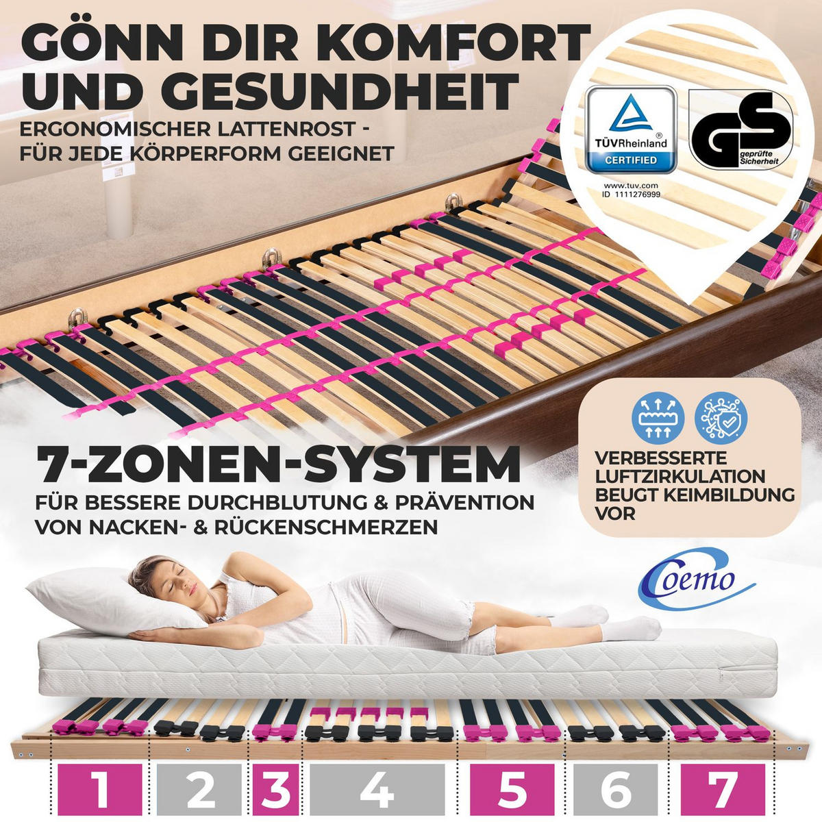 LATTENROST PINK DREAM 90 x 200 cm Kopfteil verstellbar, Selbstmontage - Naturfarben, Holz (90/200cm) - Coemo