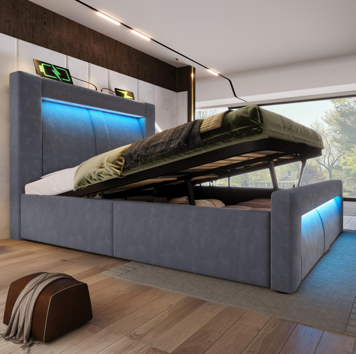 BETT mit Stauraum 90x200 cm Samt Grau inkl. Matratze - Grau, Metall (90/200cm) - Meubliv