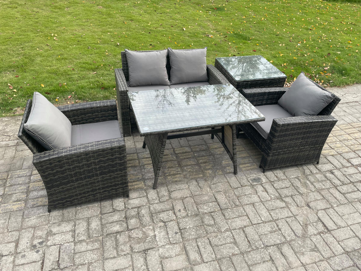 GARTENMÖBELSET mit ESSTISCH,HOCHLEHNER-SOFA Polyrattan Dunkelgrauer Mix 4-Sitzer - Dunkelgrau/Grau, Glas/Kunststoff - Fimous