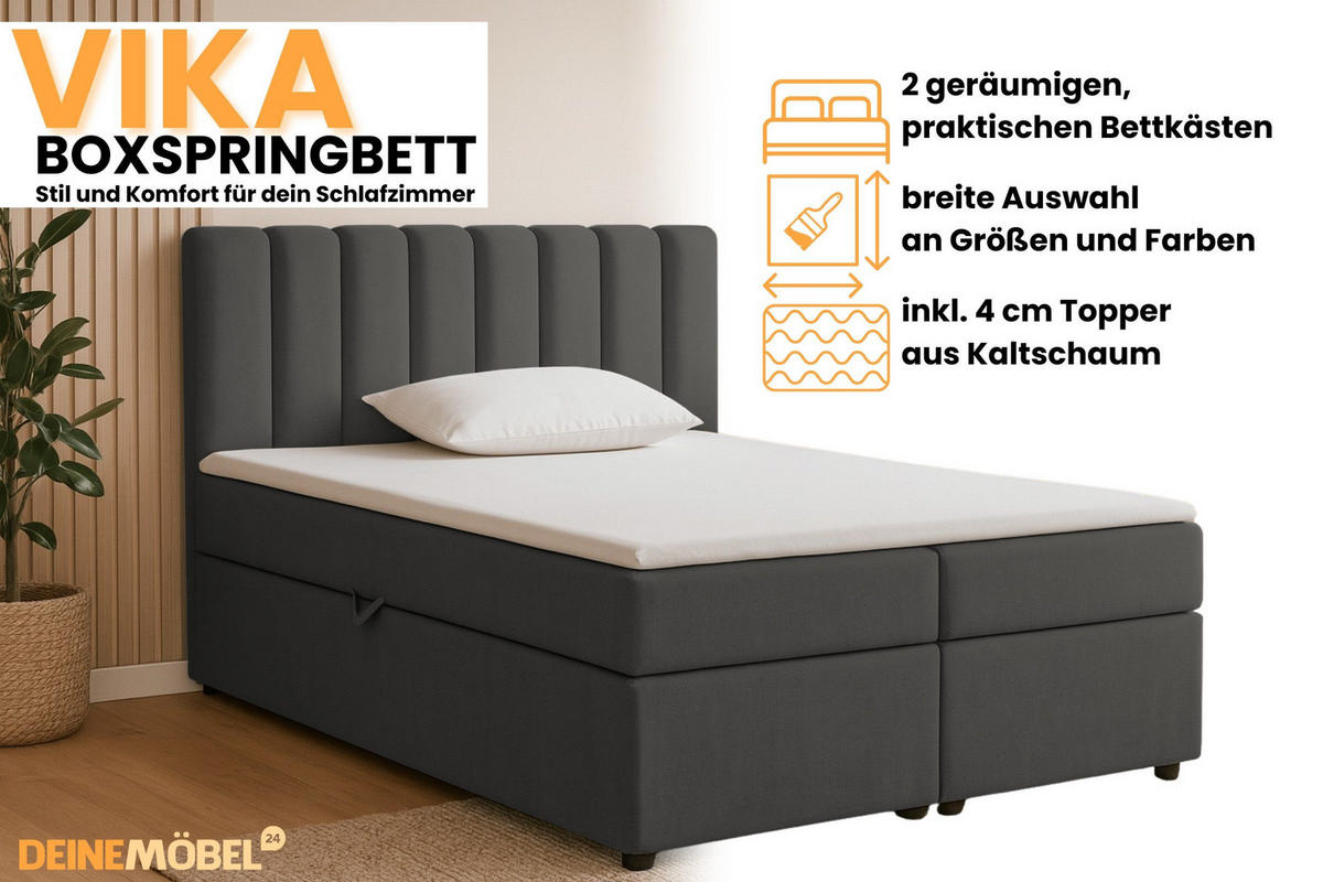 BOXBETT VIKA 160/200 in Velours Anthrazit H4 - Anthrazit, Holz/Holzwerkstoff (160/200cm) - Deine Möbel 24