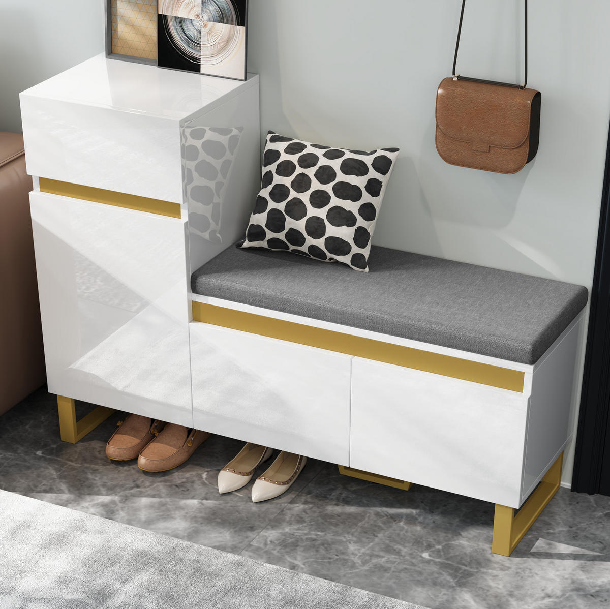 SCHUHSCHRANK 120/35/85 cm in Weiß mit Sitzkissen und Schublade - Weiß, Holzwerkstoff (120/85/35cm) - Flora Grace