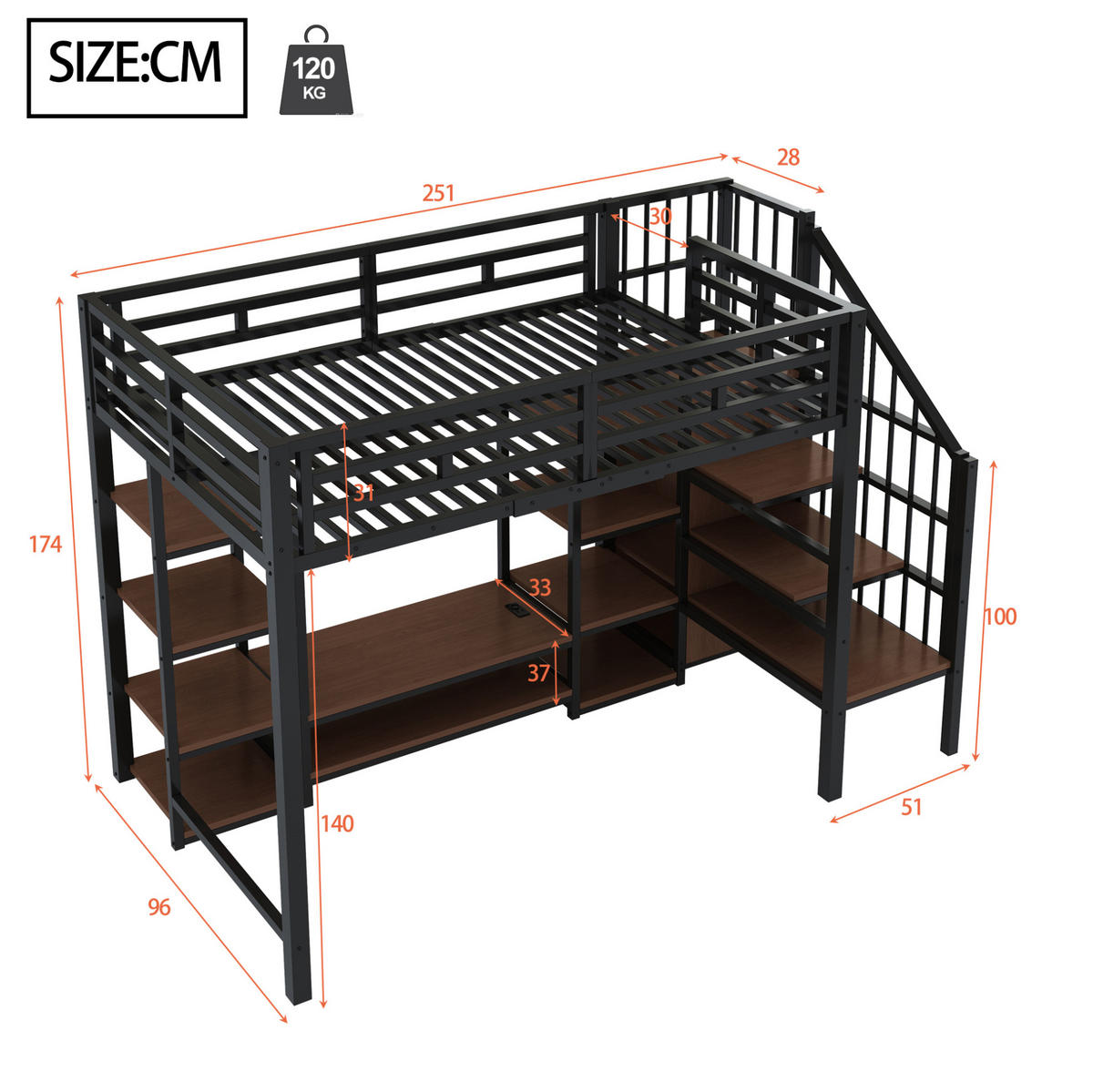 HOCHBETT 90/200 cm Schwarz mit TV-Ständer und Steckdose - Schwarz, Metall (90/200cm) - MIVRAY