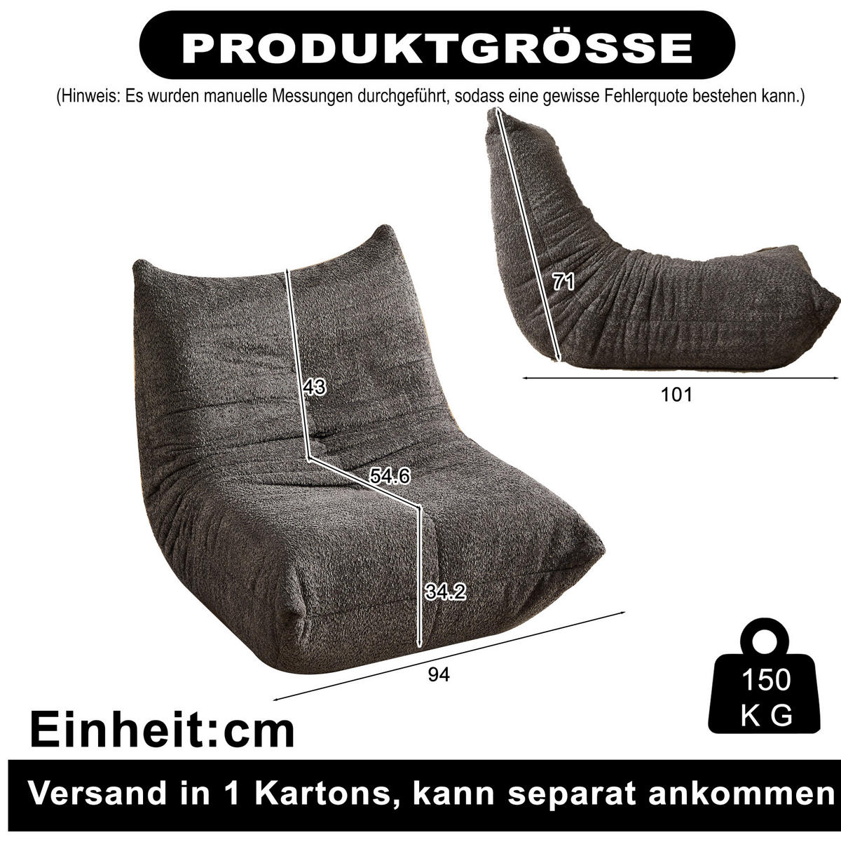 BODEN-LOUNGESSESSEL mit Chenille-Bezug Grau - Grau, Kunststoff (94/71/101cm) - Beauniv