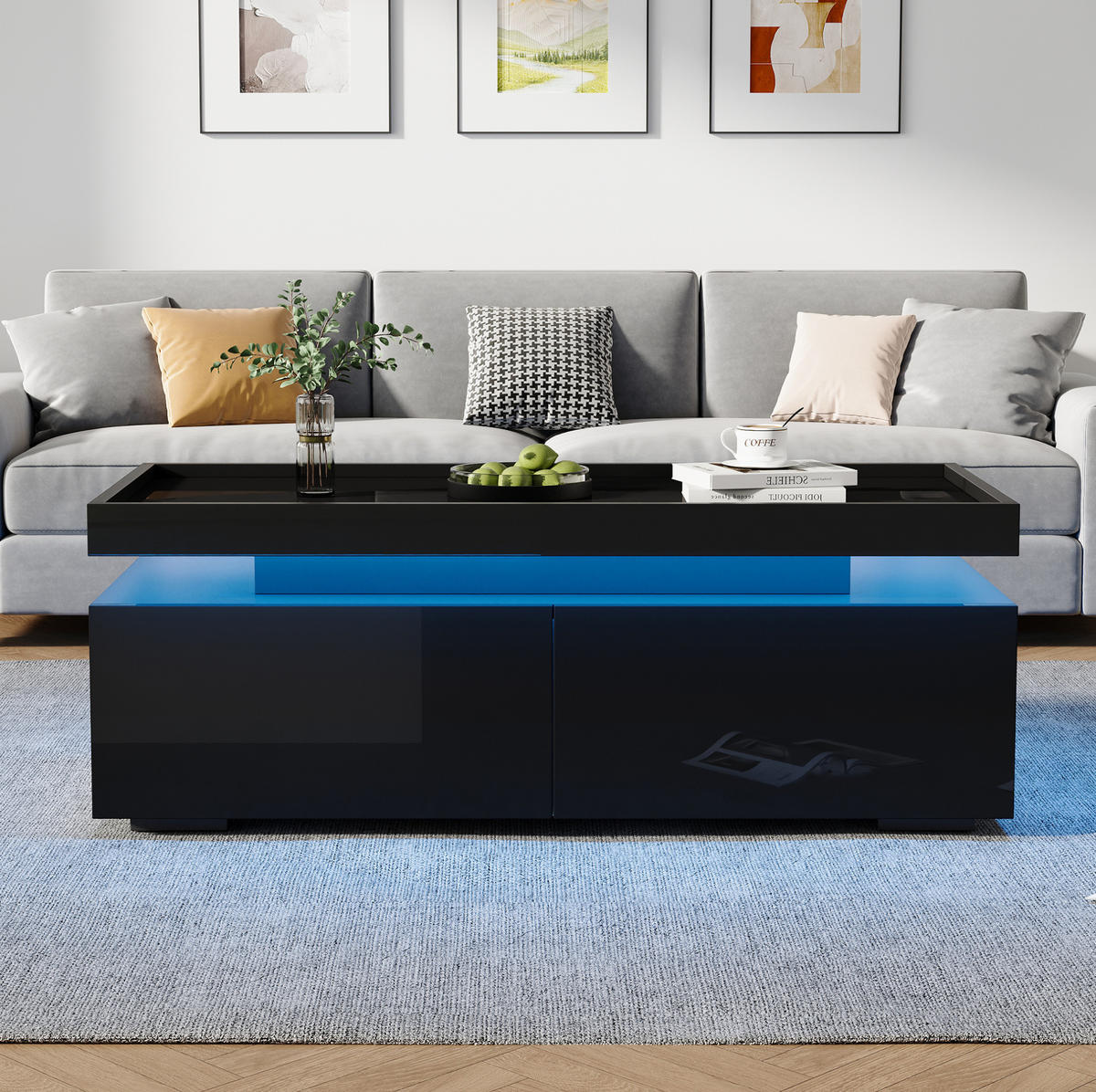COUCHTISCH mit LED 95 x 45 x 35 cm Schwarz 2 Schubladen - Schwarz, Holzwerkstoff (95/45/35cm) - Meubliv