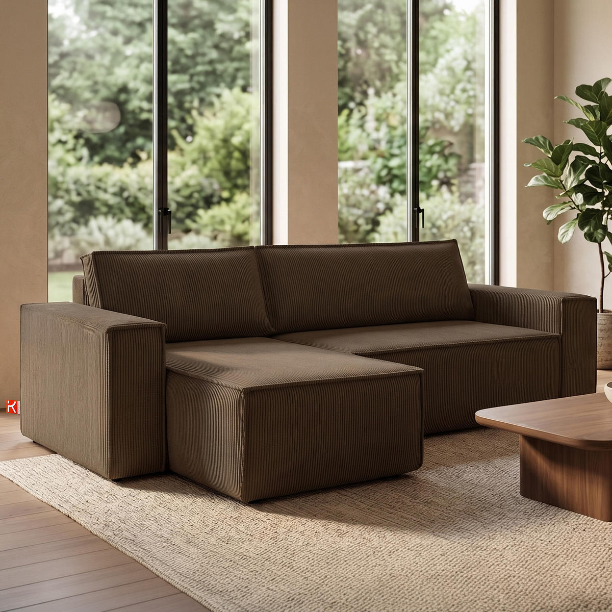 ECKSOFA-LINKS/RECHTS NAPI Schlaffunktion mit Cordbezug, choco - Dunkelbraun/Schwarz, Textil (262/148cm) - KONSIMO®