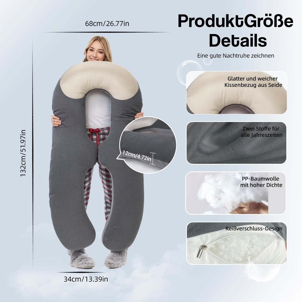 SEITENSCHLÄFERKISSEN Grau - Grau, Textil (68/132cm) - Vercart