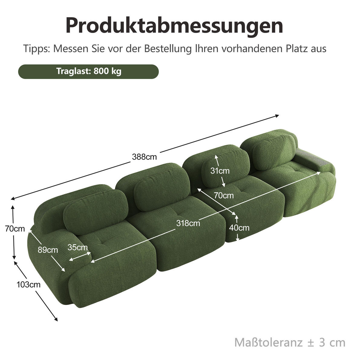 4-SITZER-SOFA DE-34025 modular mit Armlehnen Grün - Grün, Textil (103/75/388cm) - ComfortXL
