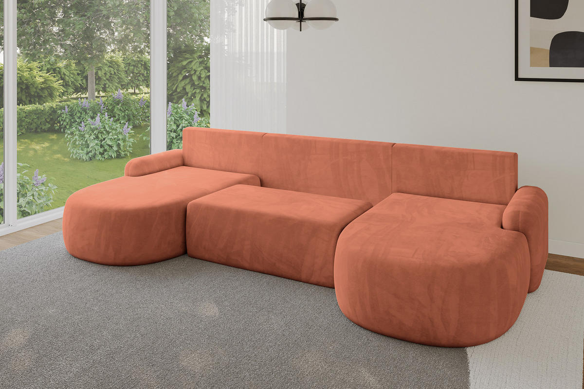 WOHNLANDSCHAFT mit Schlaffunktion und Bettkasten LIRA-U - 335x172x89 Apricot - Orange, Holzwerkstoff/Textil (335/89/172cm) - ALTDECOR