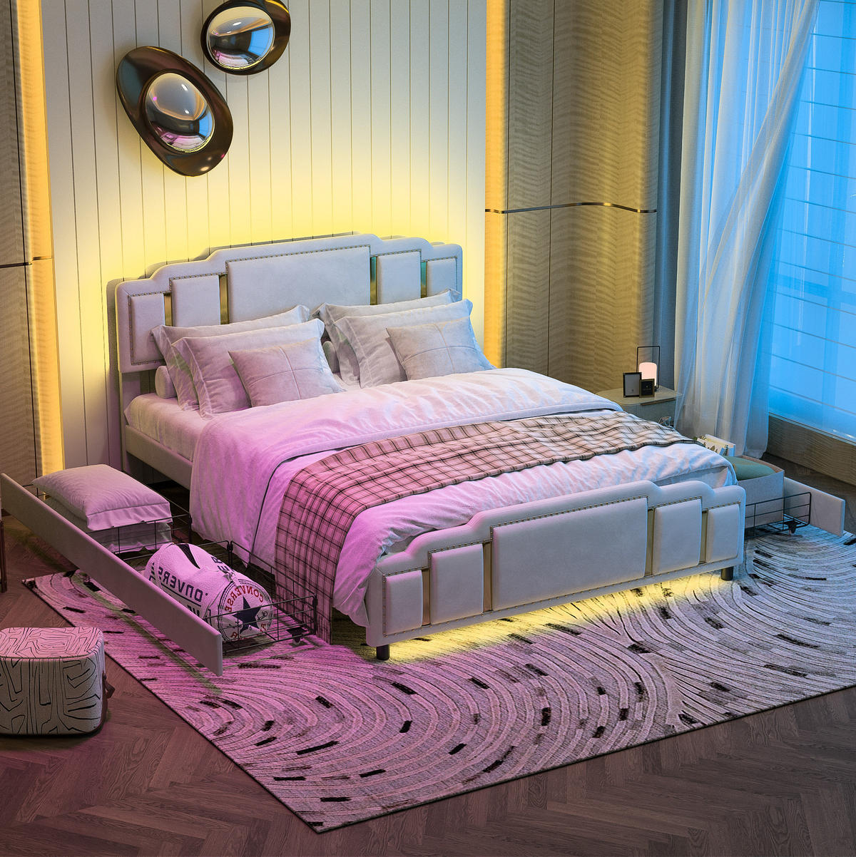 POLSTERBETT 160/200 cm mit 4 Schubladen, LED-Beleuchtung und Edelstahl-Zierleisten, Beige - Beige, Textil (160/200cm) - Redom