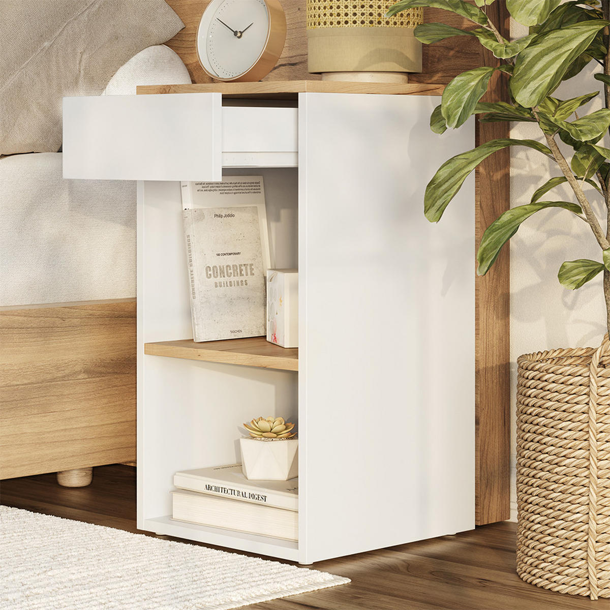 NACHTTISCH Dany Weiß/Goldkraft Eiche 35 x 65 cm mit 1 Schublade - Honigeiche/Weiß, Holzwerkstoff (35/65/35cm) - Vicco