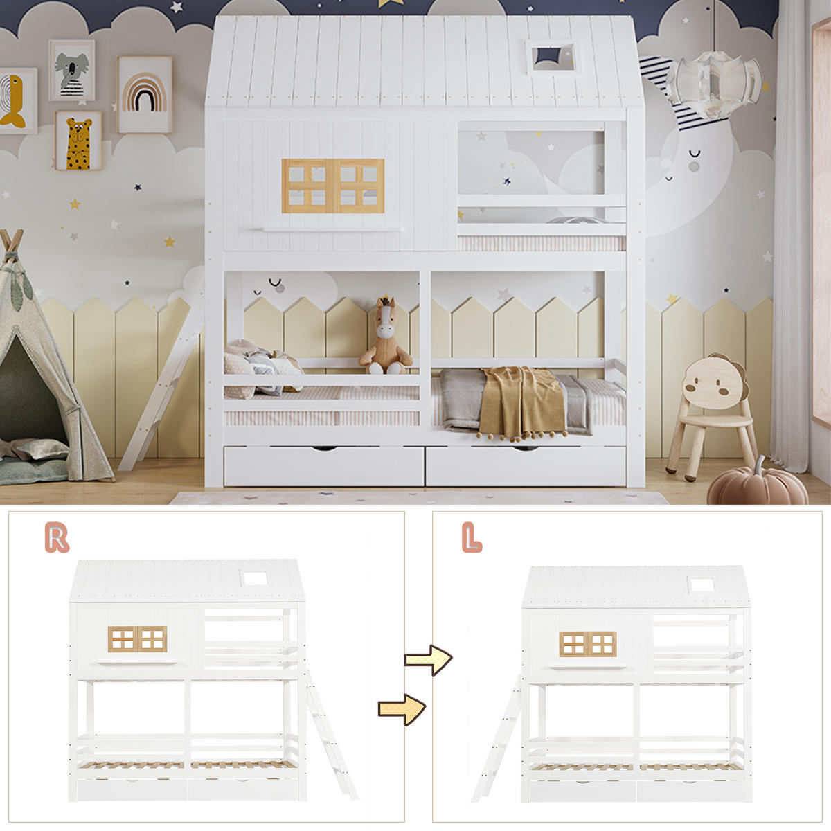 ETAGENBETT 90/200 cm weiß und natur aus Kiefer mit Fenster und Dach - Weiß, Holz (90/200cm) - OKWISH