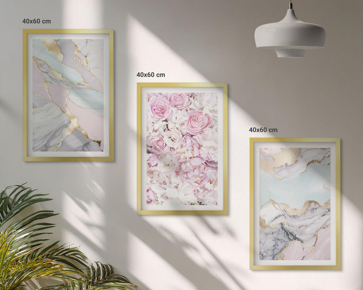 BILDER SET 3er Set - 40x60 cm Goldrahmen - Rosa Blumen Marmor Pastell - Goldfarben, Kunststoff (40/60cm) - TULUP
