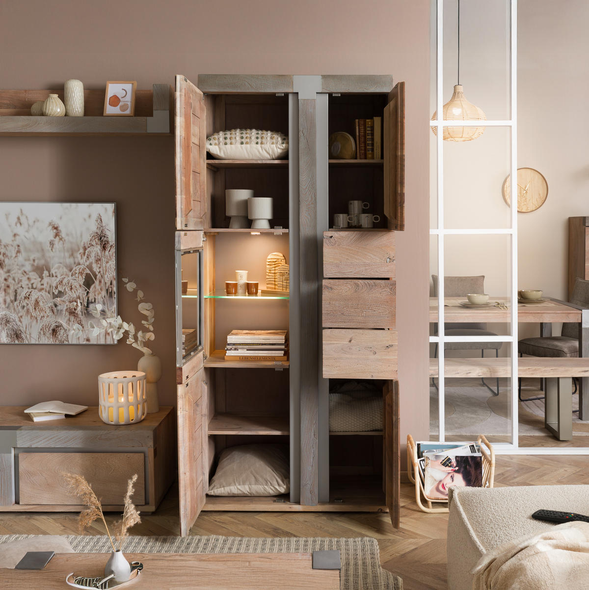 VITRINE Akazie 90x45x204 beige lackiert Amsterdam #108 - Beige, Holz (90/204/45cm) - Massivmoebel24