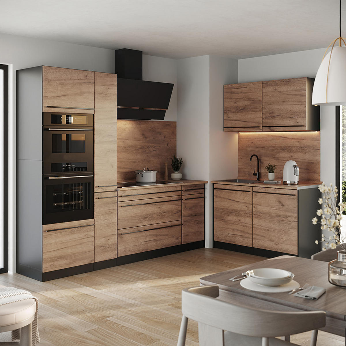 ECKKÜCHE R-Line, Goldkraft Eiche/Anthrazit, 230 x 120 cm Arbeitsplatte Marmor - Honigeiche/Anthrazit, Holzwerkstoff (230/206.8/60cm) - Vicco