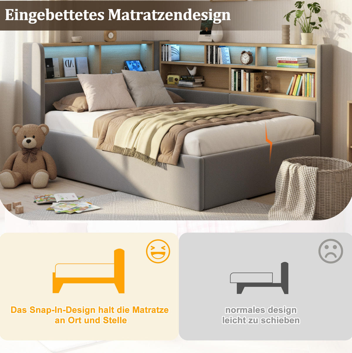 DENNÁ posteľ 90/200 cm sivá zo zamatu s hydraulickým úložným priestorom, LED a USB-C - sivá, textil (90/200cm) - OKWISH