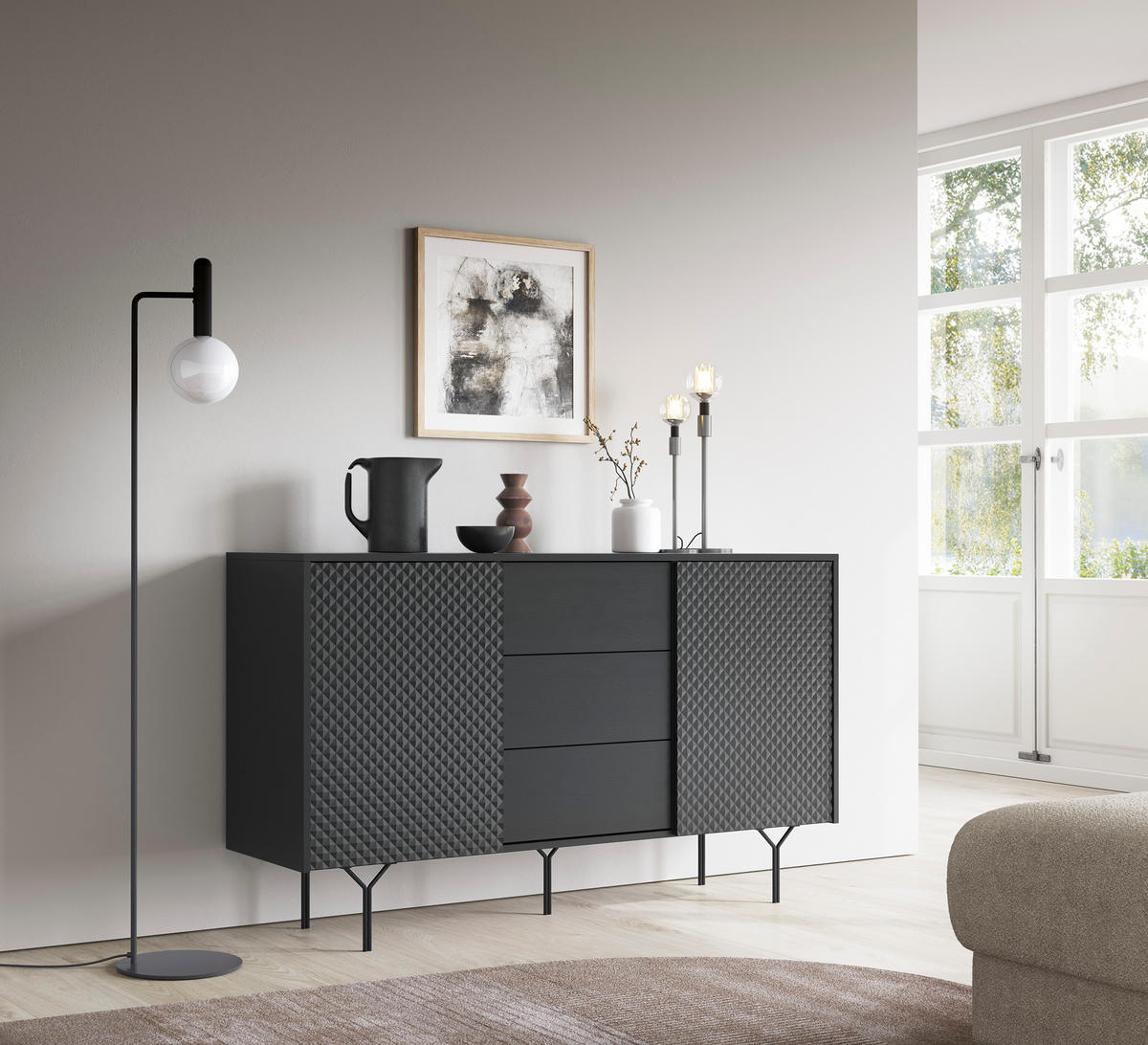 SIDEBOARD ORILLIA KOM2-2D3S Fräste Fronten, Schwarz - Schwarz, Holzwerkstoff/Kunststoff (144/83/38cm) - Komodee