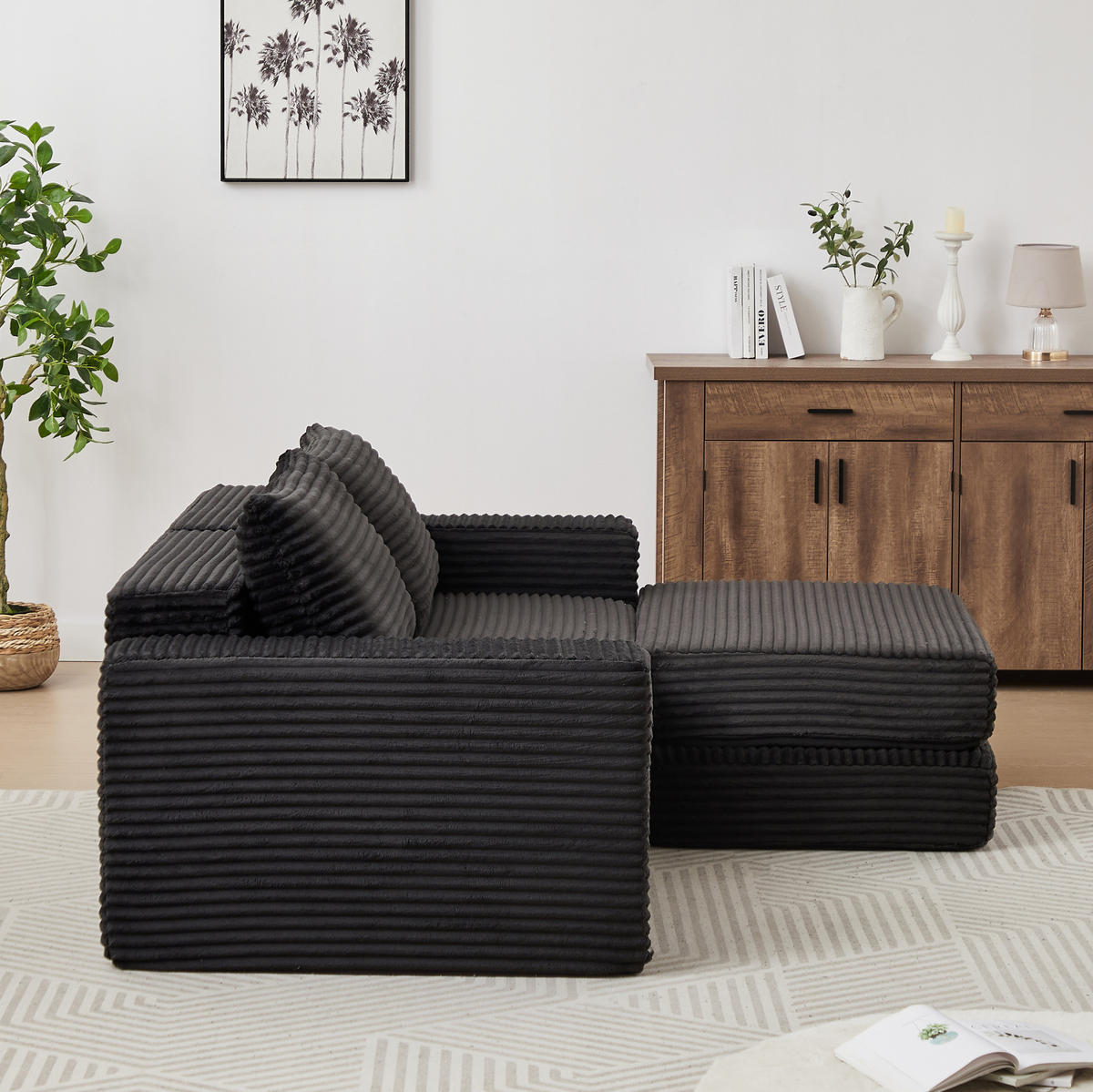 SOFA-BETT modular Cord Black mit beweglicher Fußstütze - Schwarz, Kunststoff (169.5/194cm) - Meubliv