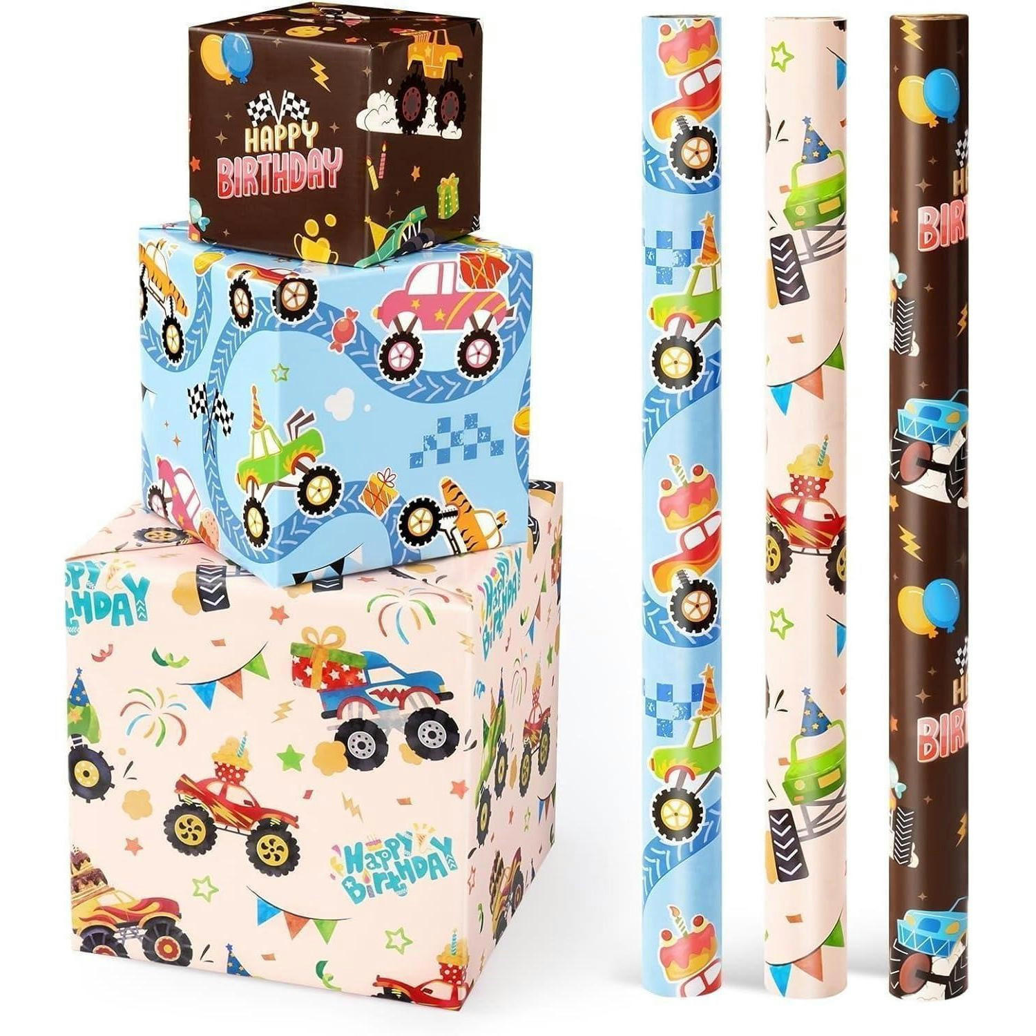 GESCHENKPAPIER 3 Rollen Monster Truck Motiv - Multicolor, Papier (43/43/43cm)