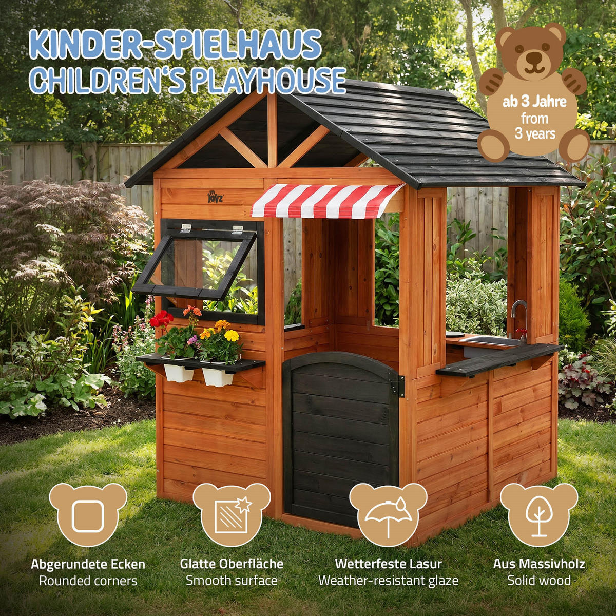 KINDERSPIELHAUS aus Tannenholz massiv 134 x 134 x 156,5 cm Braun - Braun, Holz (134/156.5/134cm) - Joyz