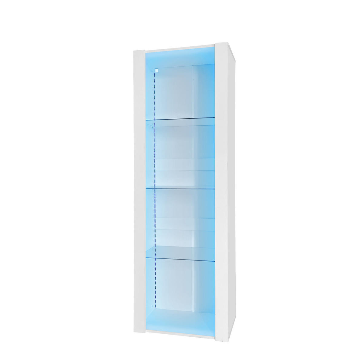 VITRINE aus Spanplatte 55x38x166 cm Weiß mit LED-Beleuchtung, 3 Glasböden und Hochglanzfront - Weiß, Holzwerkstoff (55/166/38cm) - Modfu