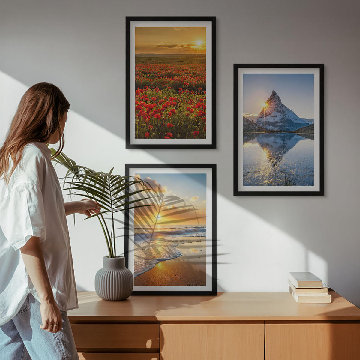 BILDER SET 3er Set - 40x60 cm Schwarzer Rahmen - Landschaften aus Bergen und Meeren im Westen - Schwarz, Kunststoff (40/60cm) - TULUP