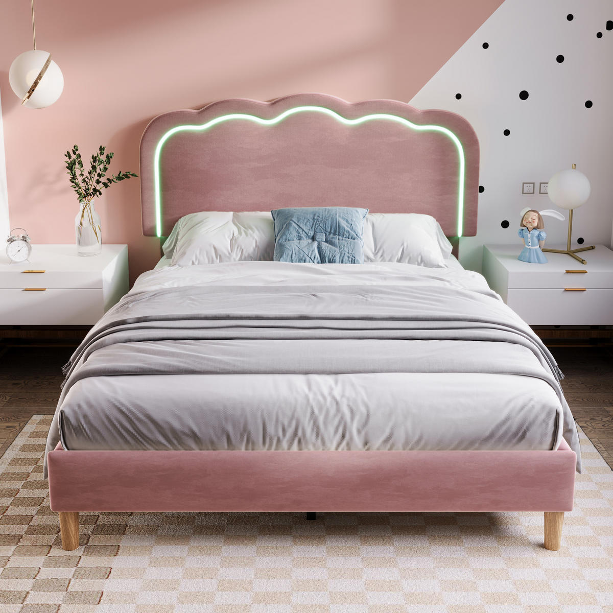 TAPECIRANI krevet 140/200 cm ružičasti od baršuna s LED uzglavljem i podesivim naslonom - pink, tekstil (140/200cm) - OKWISH
