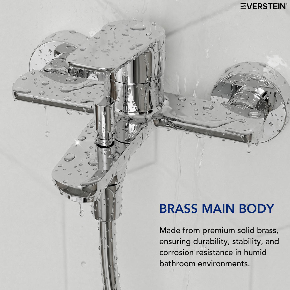 BADEWANNENARMATUR SFS-1278 Chrom, Aufputz-Einhebel aus Messing, Wanneneinlauf, 120-mm-3-Strahl-Handbrause, 150-mm-Stichmaß - Chromfarben, Metall (21/24/6cm) - Everstein