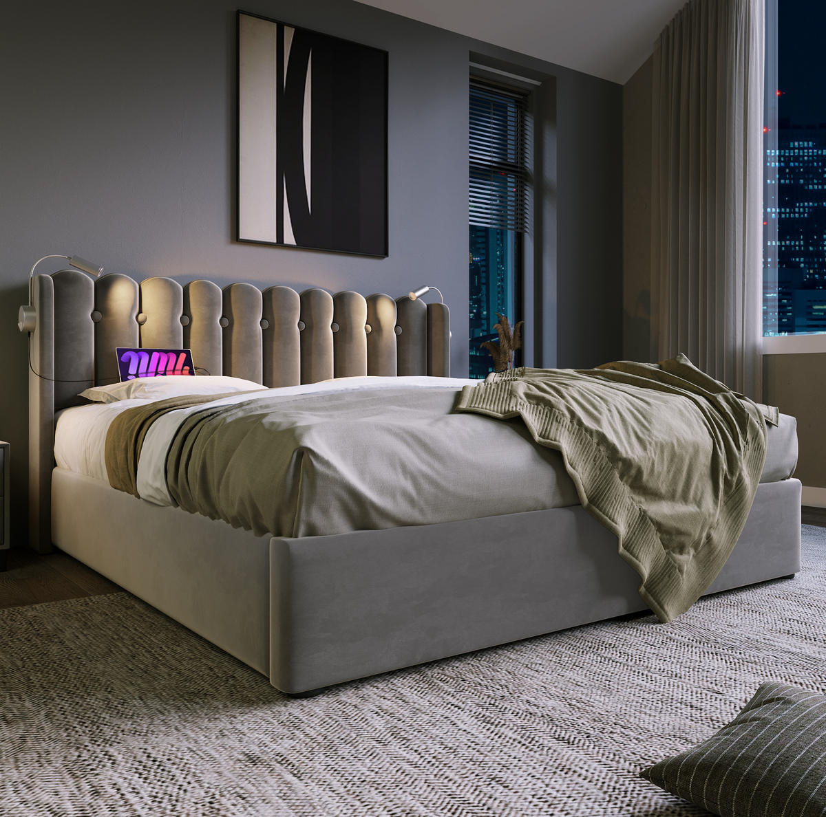 POLSTERBETT 140/200 cm Grau aus Samt mit Bettkasten - Grau, Textil (140/200cm) - OKMYHOME