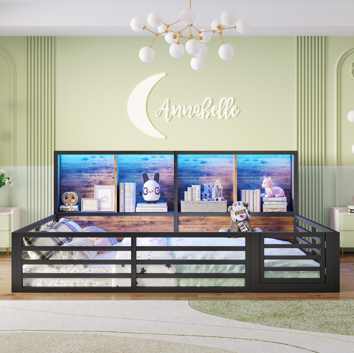 BETT aus Metall und MDF 140x200 cm Schwarz mit Lattenrost, Ablagefächern und LED-Beleuchtung - Schwarz, Metall (140/200cm) - IVMEU