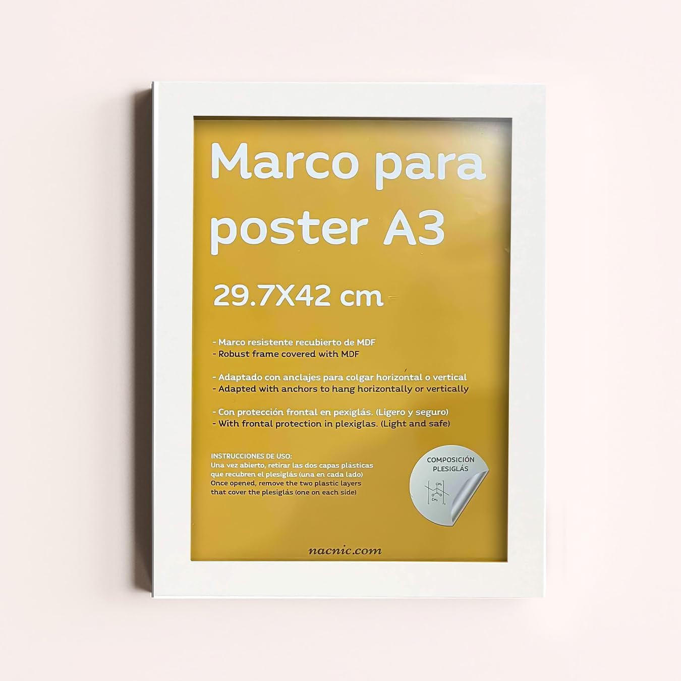 RAHMEN Set mit 4 aus MDF und Acrylglas Schutz und Aussteller für Fotografien, Bilder, Poster, Gemälde, Dekoration für Haus Farbe Weiß A3 - Weiß, Holz (29.7/3/42cm) - Nacnic