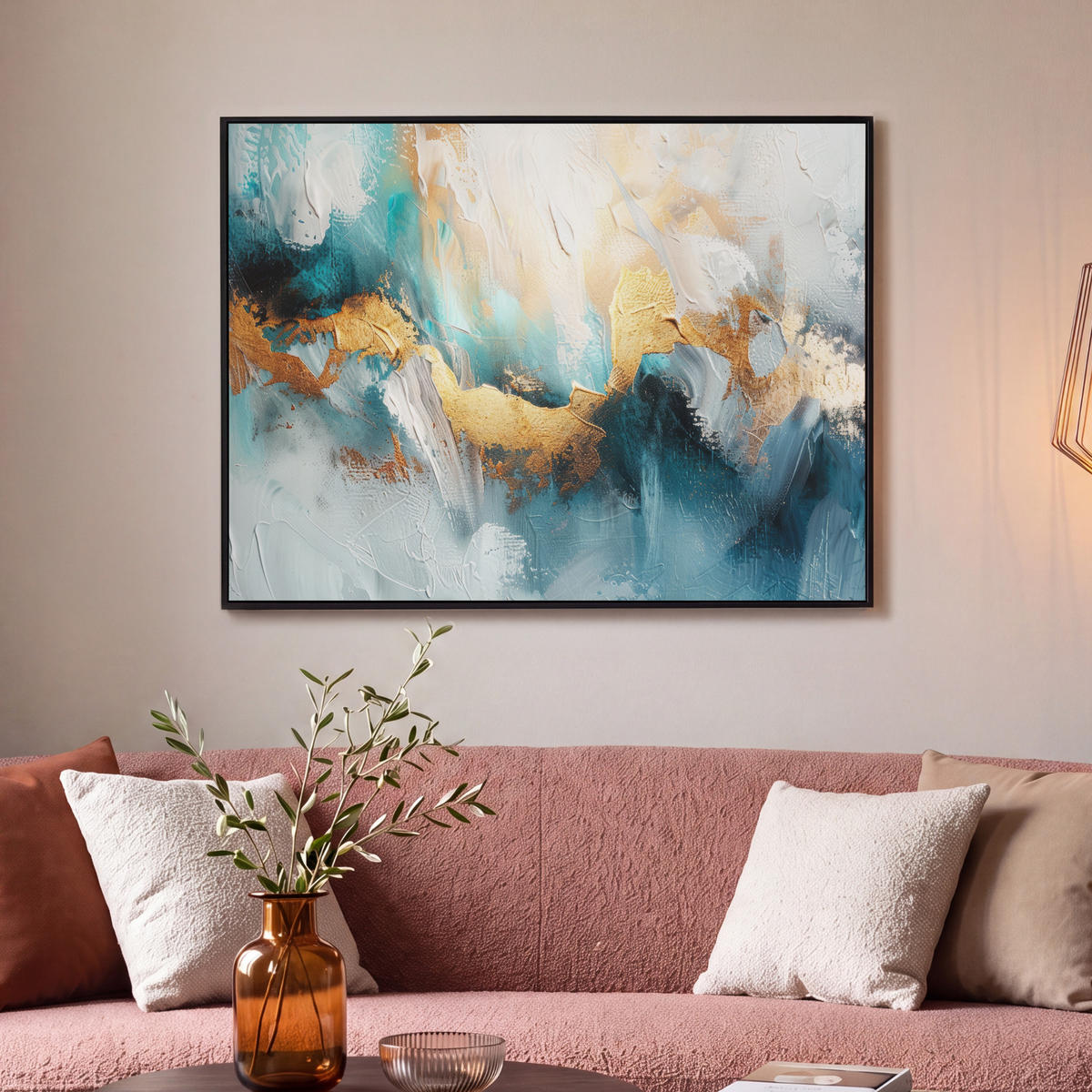 LEINWAND Bilder mit Rahmen - Abstrakt - Kunst - Gold - Blau - 100x70 - Petrol, Textil (100/70cm) - MuchoWow