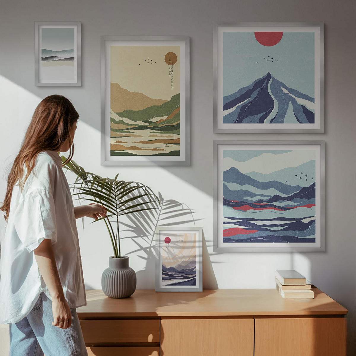 WANDBILDER 5er Set - 50x50 cm & 20x30 cm & 40x60 cm Silberner Rahmen - Berge minimalistische Pastellfarben - Silberfarben, Kunststoff (40/60cm) - ArtPrintCave